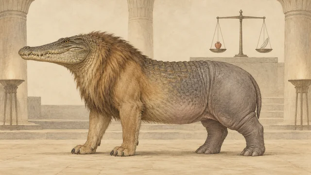 ワニの頭、獅子の胸と前脚、カバの後躯を持つアメミットが、心臓形の小物と羽を載せた秤の前で待つ再構成