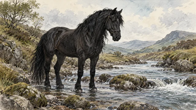 川の浅瀬に立つ馬勒を付けた黒い馬として描いたケルピーの再構成